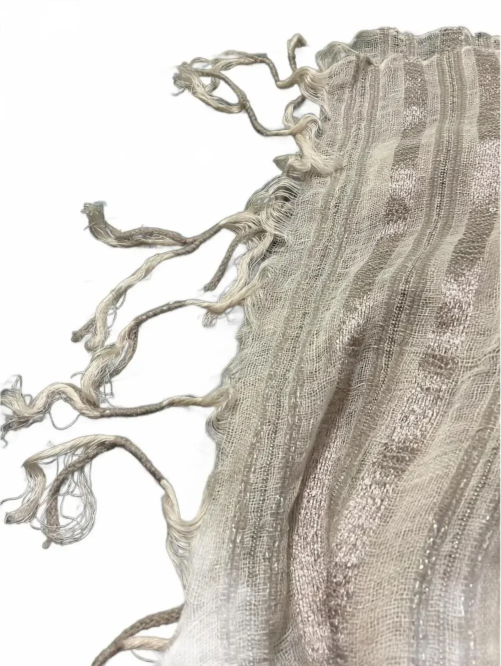 Talbots Lightweight  Linen Beige and Silver Metallic Striped Scarf with Fringe